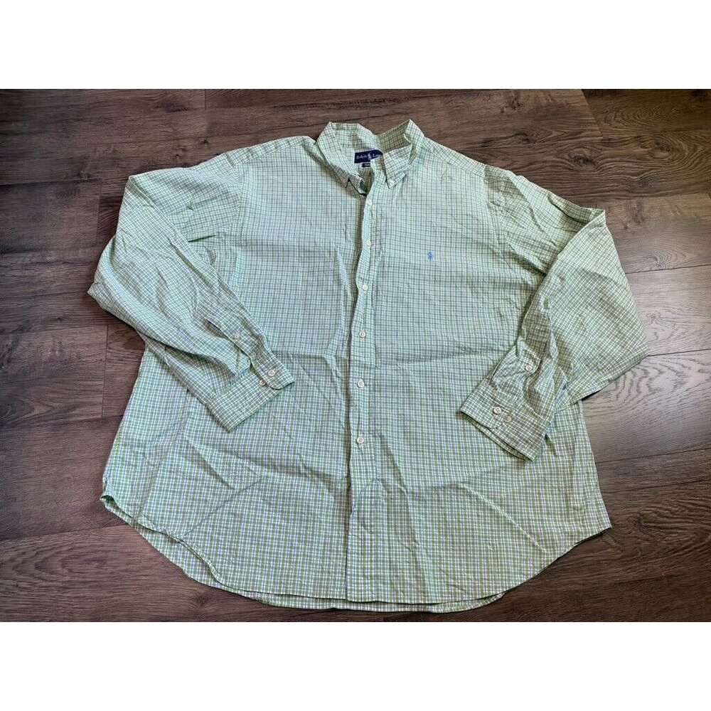 EUC Mens Ralph Lauren Classic fit button up green plaid 100% cotton SZ 18‎ 36/37